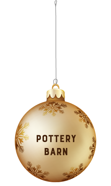 Win a $500 gift card to Pottery Barn text on a gold holiday ornament